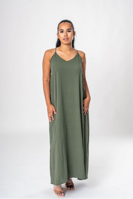 Khaki slit maxi dress with thin straps