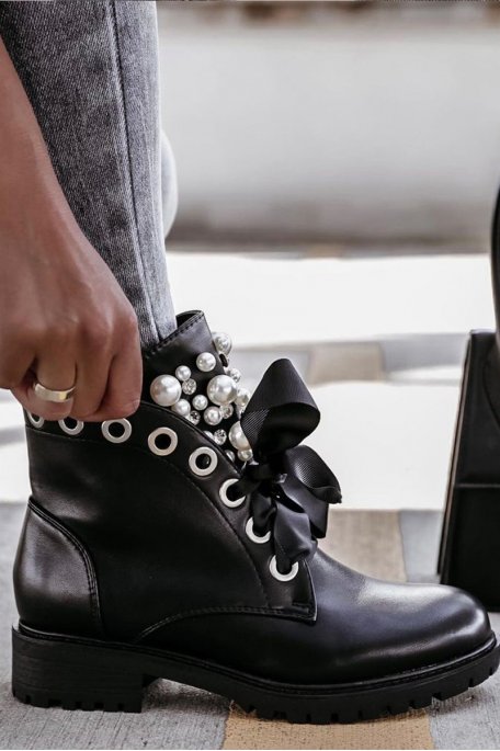 Black beaded lace-up boots