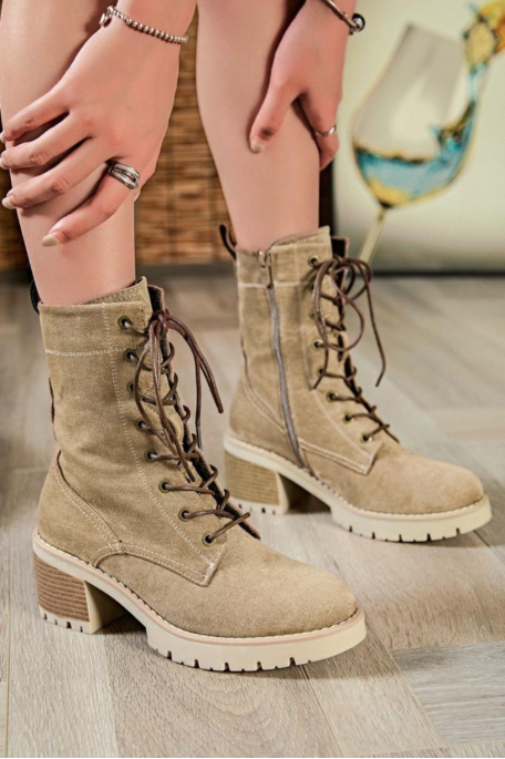 Beige lace-up boots with small heels