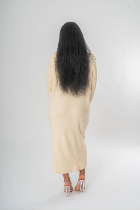 Robe pull en maille longue à col zippé coloris écru - Vue de dos