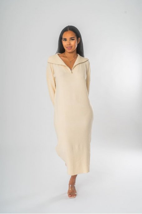 Long zip-neck sweater dress ecru