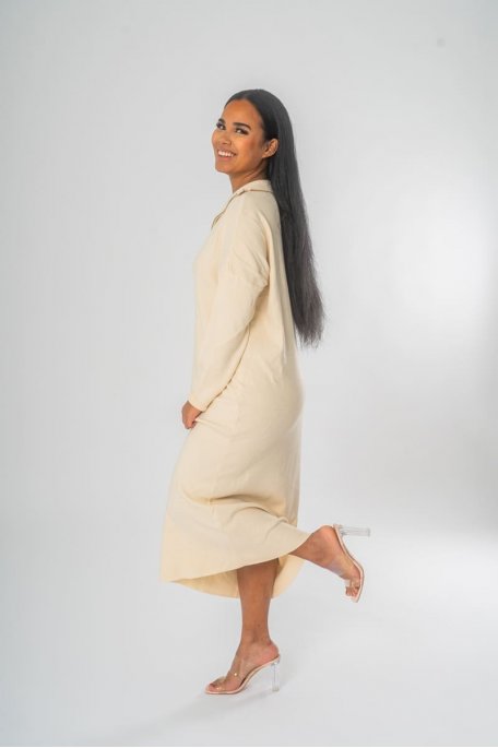 Robe pull en maille longue à col zippé coloris écru - Vue de profil