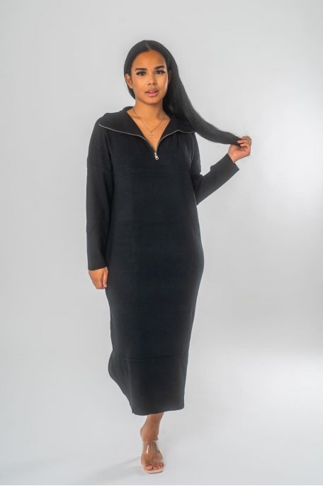 Robe pull en maille longue à col zippé coloris noir - Vue de face
