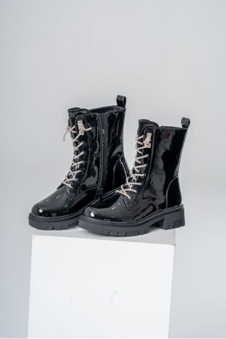 Black rhinestone lace-up vinyl boots