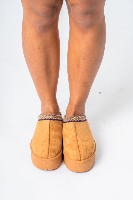 Mules fourrées à plateforme coloris camel - vue face