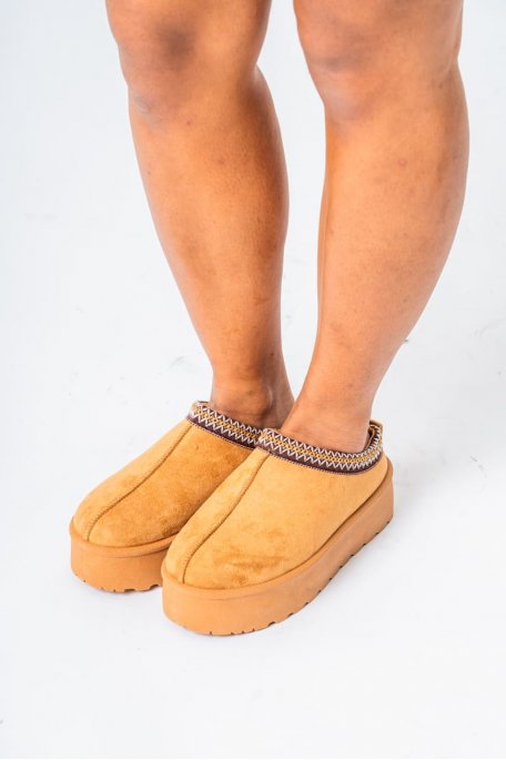Mules fourrées à plateforme coloris camel - vue profil