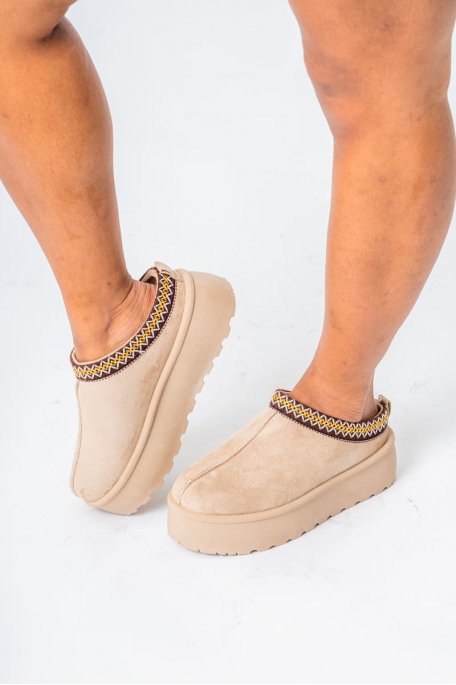 Mules fourrées à plateforme coloris beige - vue profil