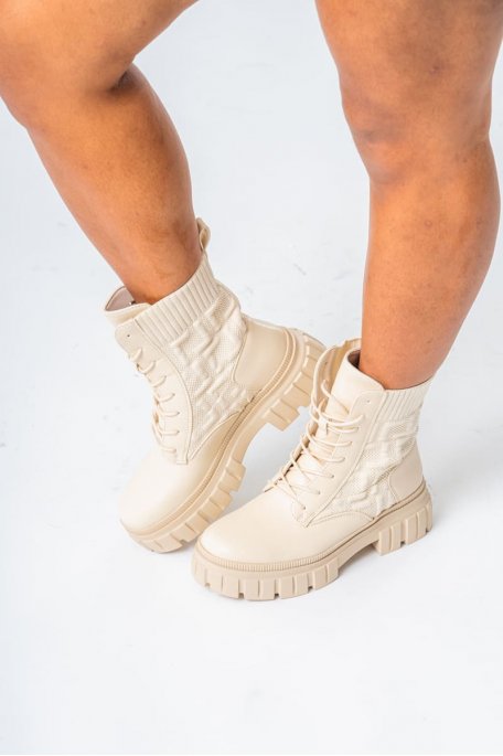 Beige two-material lace-up boots with notched sole
