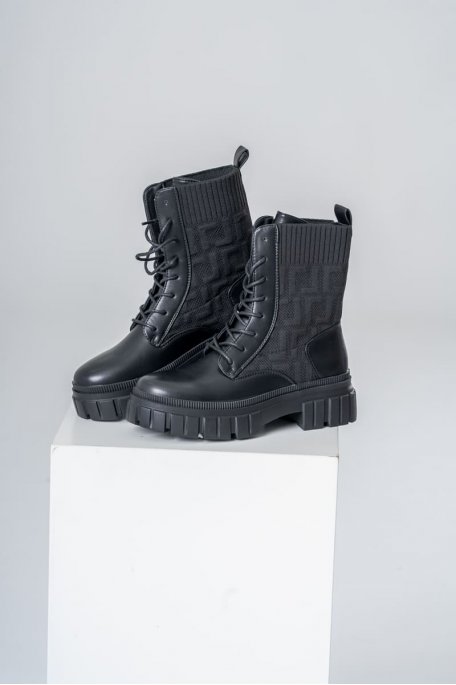 Bottines à lacets bi-matière semelle crantée noir simili cuir tissu motif géométrique relief - vue côté