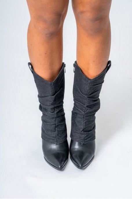 Bottes à talons revers tissu jean coloris noir - vue face