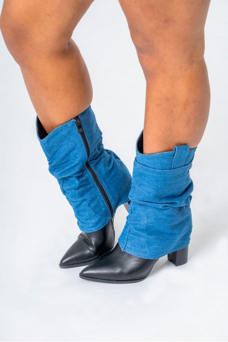 Bottes à talons revers jean coloris bleu - vue portée