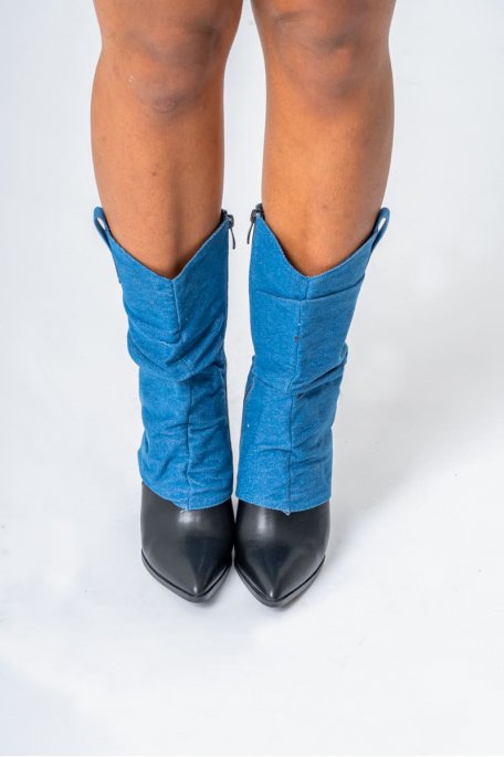 Bottes à talons revers jean coloris bleu - vue face