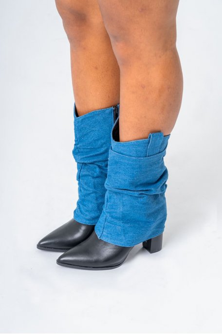 Bottes à talons revers jean coloris bleu - vue côté