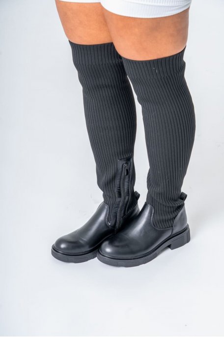Flache Overknee-Stiefel aus Bi-Material schwarz