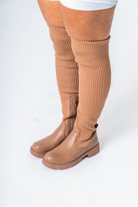 Brown bi-material flat thigh boots