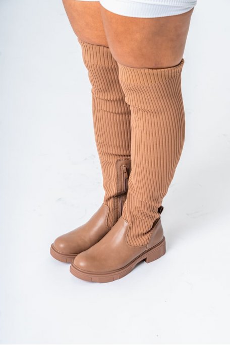Flat khaki bi material thigh boots Cinelle Paris fashion for women
