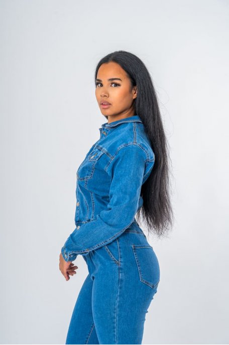 Combinaison en jean coloris bleu manches longues - vue profil