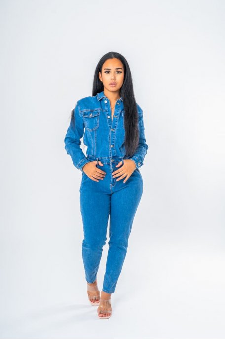 Blue long-sleeved denim jumpsuit