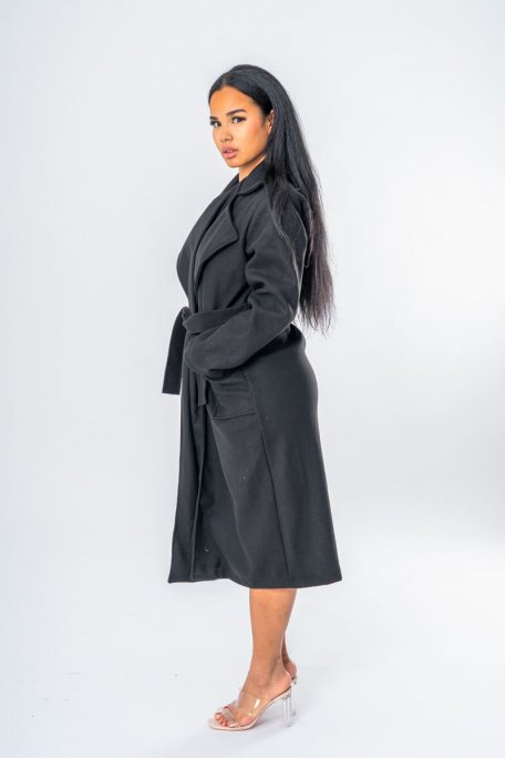 Manteau long classique coloris noir ceinturé  - vue profil