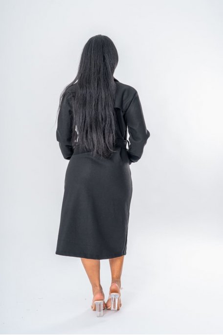 Manteau long classique coloris noir ceinturé  - vue dos