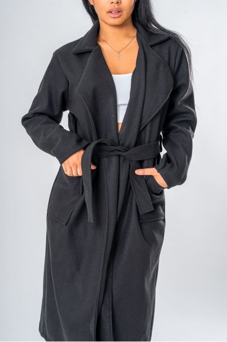 Manteau long classique coloris noir ceinturé  - vue détails produit