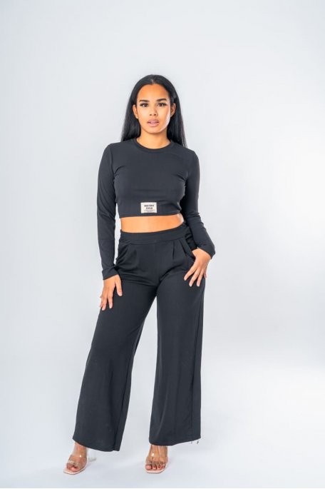 Ensemble top manches longues et pantalon large coloris noir - vue full body