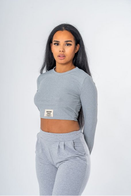 Ensemble top manches longues et pantalon large coloris gris - vue détails