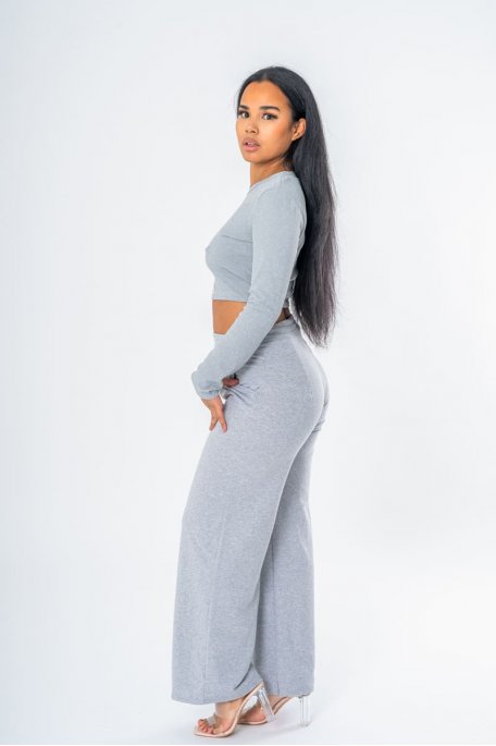 Ensemble top manches longues et pantalon large coloris gris - vue profil