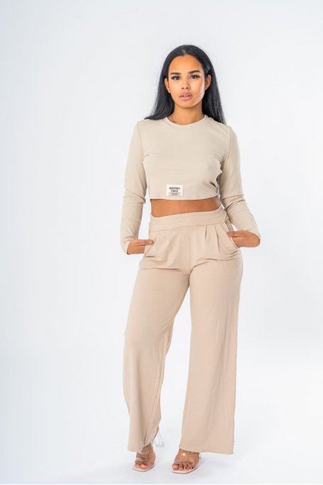 Beige top and wide pants set