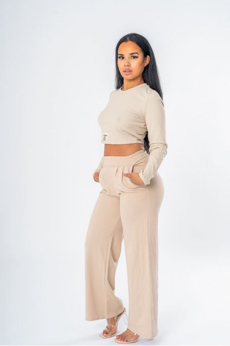 Ensemble top manches longues et pantalon large coloris beige - vue profil
