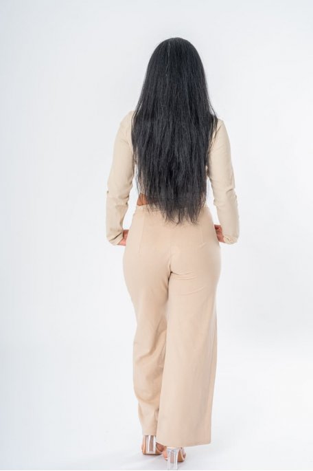 Ensemble top manches longues et pantalon large coloris beige - vue dos