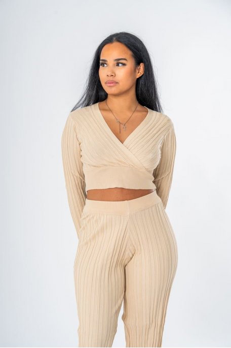 Ensemble crop top cache-cœur pantalon droit coloris beige - vue face