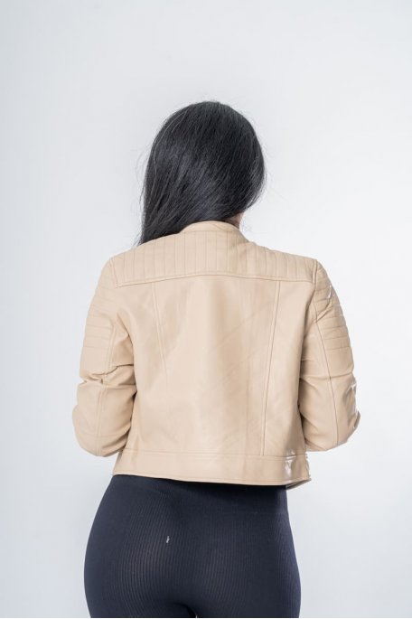 Veste en cuir courte à épaules matelassées coloris beige - vue dos