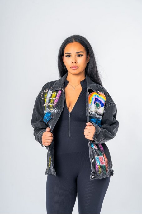 Veste en jean coloris noir à empiècements décoratifs colorés noir - vue face