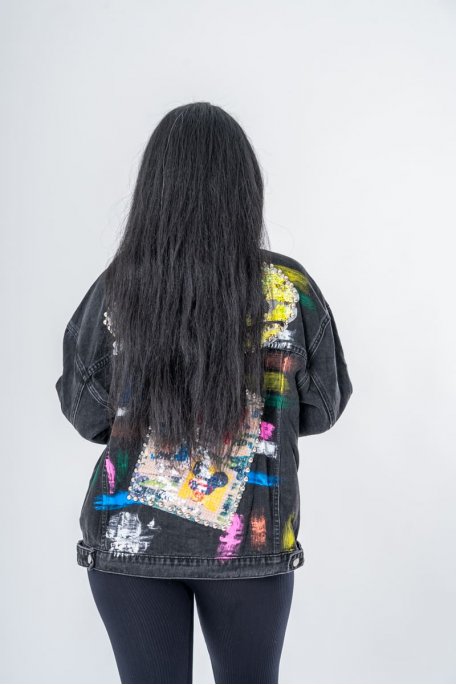 Veste en jean coloris noir à empiècements décoratifs colorés noir - vue dos