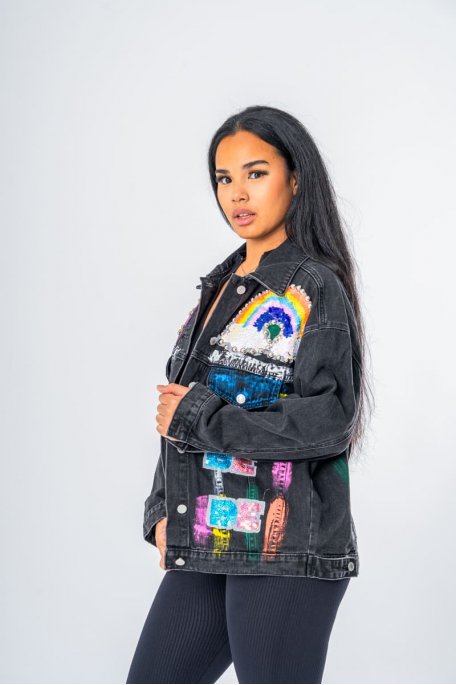 Black denim jacket with colored inserts