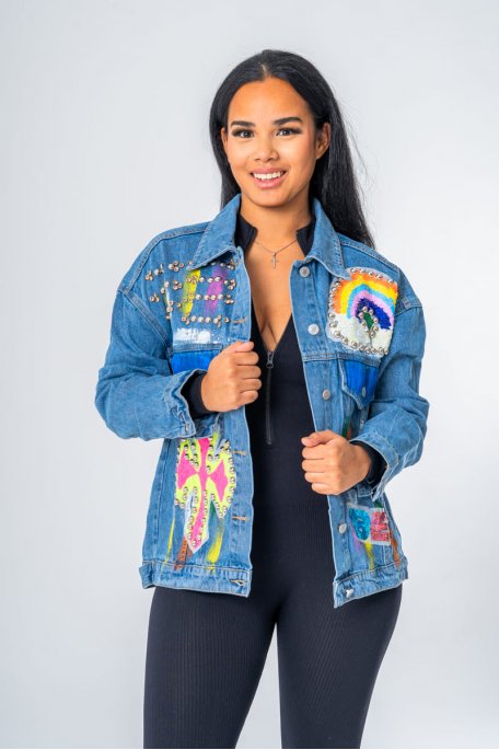 Blue denim jacket with coloured inserts