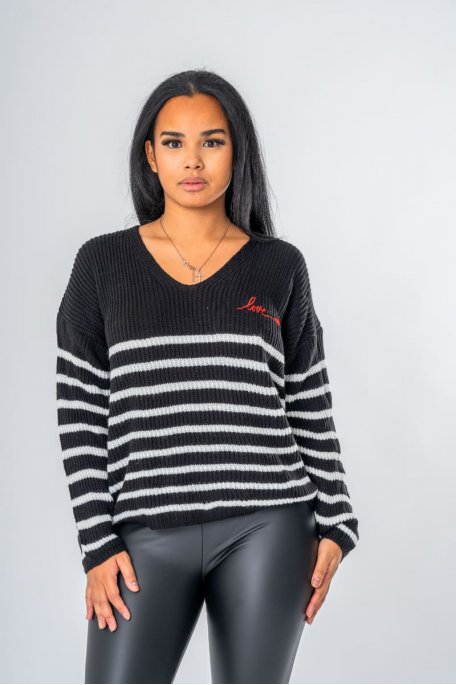 Pull marinière "Love" noir - vue zoom