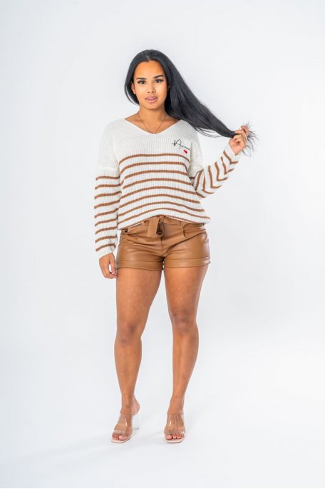 Pull marinière "Amour" marron - vue full look