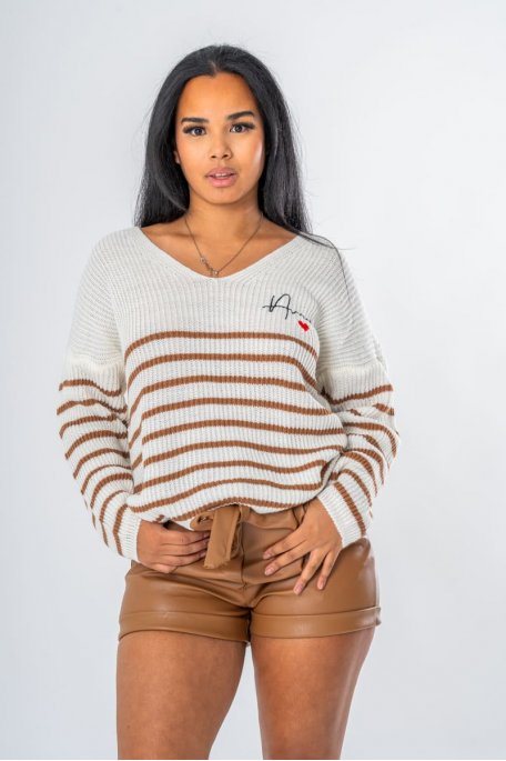 Pull marinière "Amour" marron - vue zoom