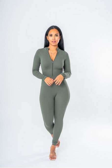 Khaki rib-zip jumpsuit