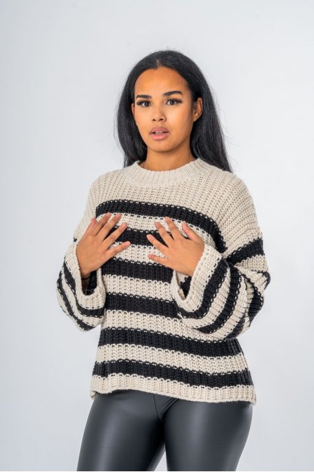 Round-neck sweater in beige striped braided knit