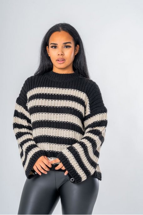 Pull col rond manches longues à grosse maille tressée et à motif rayé coloris noir - vue zoom détails