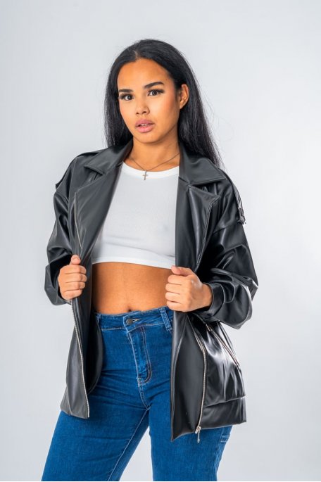 Veste perfecto oversize en simili à zip coloris noir - vue face zoom