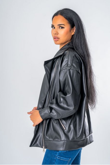 Veste perfecto oversize en simili à zip coloris noir - vue profil