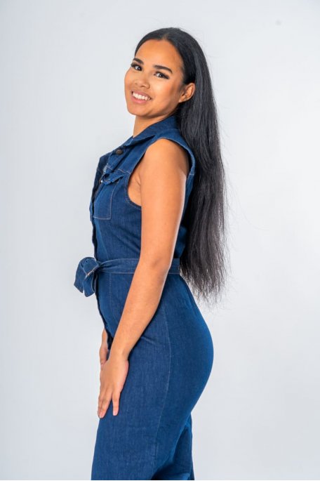 Robe mi-longue en jean sans manches stretch coloris bleu - vue zoom côté