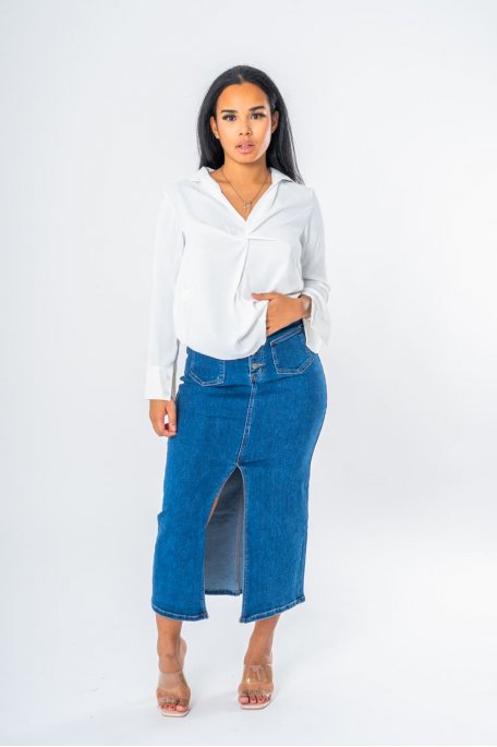 Long blue denim slit skirt