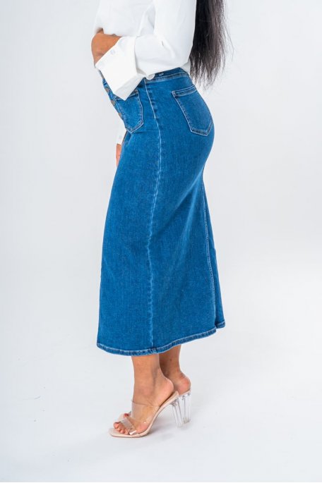 Jupe longue en jean fendue coloris bleu - vue côté