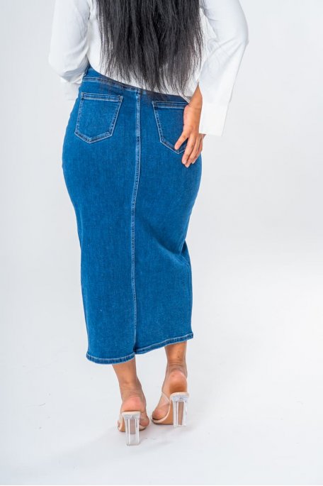 Jupe longue en jean fendue coloris bleu - vue dos