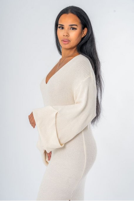 Robe longue manches amples retroussées beige en maille - vue profil zoom
